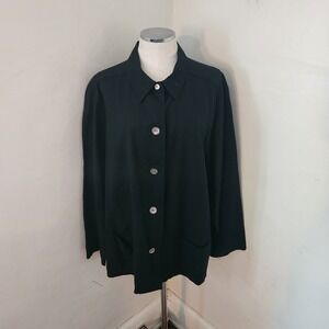 Linden Hill Womens 2X Black 100% Silk Button Down Shirt Textured Blouse Pockets